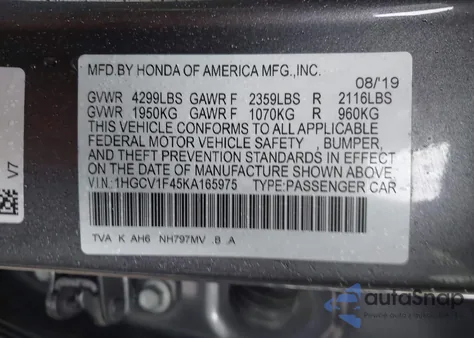 2019 Honda Accord Ex z USA, uszkodzony, nr VIN 1HGCV1F45KA165975